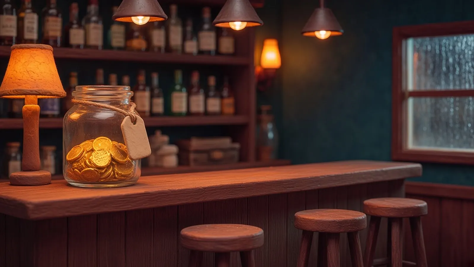 The far end of the bar. Three empty clay stools, a lamp, and a glass jar of gold house tokens. Rain on the window.